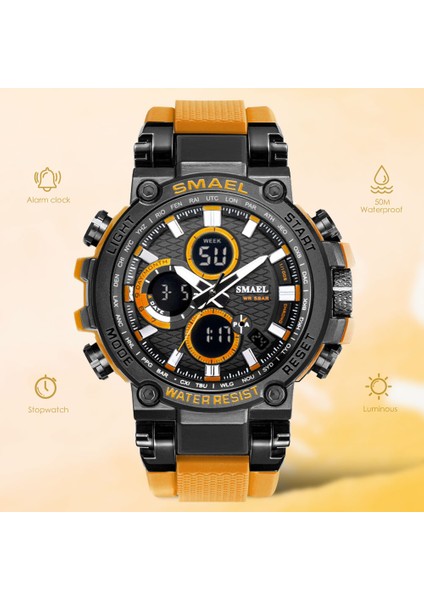Altın Smael Çift Zamanlı LED Dijital Saat Erkekler Için Hafta Tarihi Su Geçirmez Kuvars Saatler Askeri Spor Kronometre Часы Relogio Reloj Turuncu (Yurt Dışından)