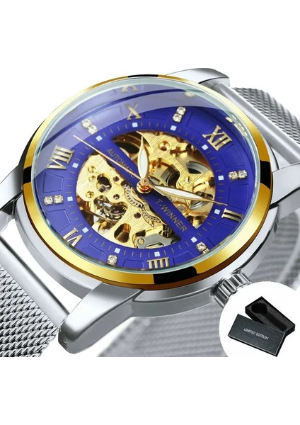 Kutu Altın-Mavi Kazanan Lüks Erkek Saatleri Mekanik Royal Diamond Tasarım Kadran Aydınlık Eller Örgü Paslanmaz Çelik Şerit Zegarek Meski (Yurt Dışından)