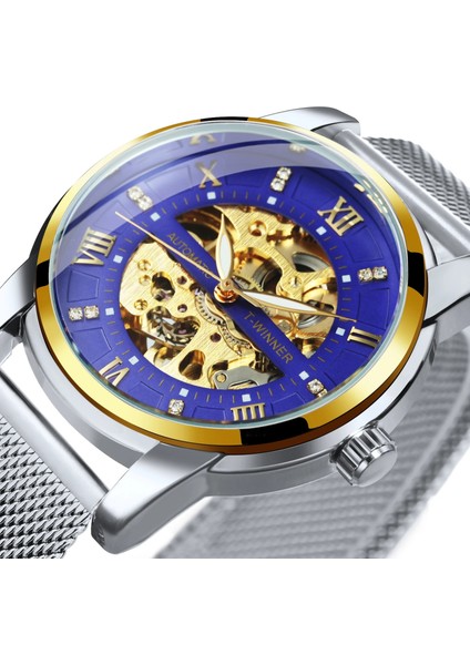 Kutu Altın-Mavi Kazanan Lüks Erkek Saatleri Mekanik Royal Diamond Tasarım Kadran Aydınlık Eller Örgü Paslanmaz Çelik Şerit Zegarek Meski (Yurt Dışından) indirimleri