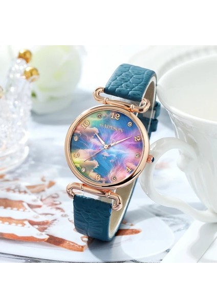 Mavi Kadın Moda Izle Kadın Deri Kemer Bilezik Saatler Mermer Boyama Bayanlar Kuvars Saat Elbise Kol Saatleri Reloj Mujer (Yurt Dışından)