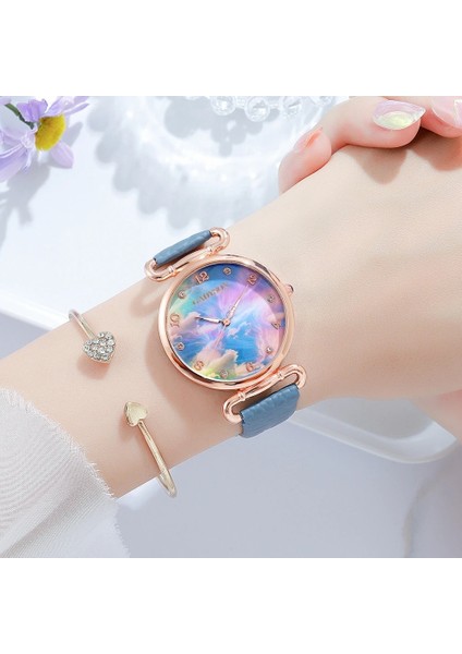 Mavi Kadın Moda Izle Kadın Deri Kemer Bilezik Saatler Mermer Boyama Bayanlar Kuvars Saat Elbise Kol Saatleri Reloj Mujer (Yurt Dışından) fırsatları