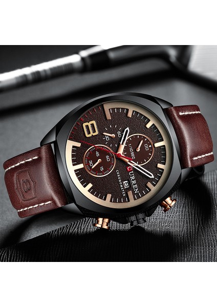 Kahve Yeni Erkek Izle Curren Üst Marka Lüks Erkek Kuvars Kol Saati Erkek Chronograph Askeri Spor Tarih Saat Relogio Masculino (Yurt Dışından)
