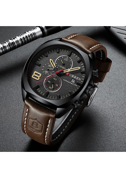 Kahve Yeni Erkek Izle Curren Üst Marka Lüks Erkek Kuvars Kol Saati Erkek Chronograph Askeri Spor Tarih Saat Relogio Masculino (Yurt Dışından)