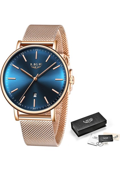 Gül Altın Mavi Lıge Izle Erkekler Için Üst Marka Lüks Aydınlık Erkek Saatler Ince Örgü Çelik Kuvars Kol Saati Otomatik Tarih Izle Adam Reloj Hombre + Kutu (Yurt Dışından)