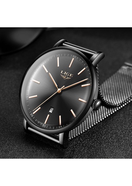 Gül Altın Mavi Lıge Izle Erkekler Için Üst Marka Lüks Aydınlık Erkek Saatler Ince Örgü Çelik Kuvars Kol Saati Otomatik Tarih Izle Adam Reloj Hombre + Kutu (Yurt Dışından)
