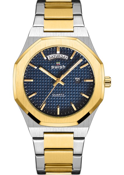 Gümüş Mavi Yeni Sekizgen Tasarım Kuvars Saatı Erkekler Altın Paslanmaz Çelik Elbise Saat Tarih/hafta Fonksiyonları Lüks Dalgıç Saati Adam (Yurt Dışından)