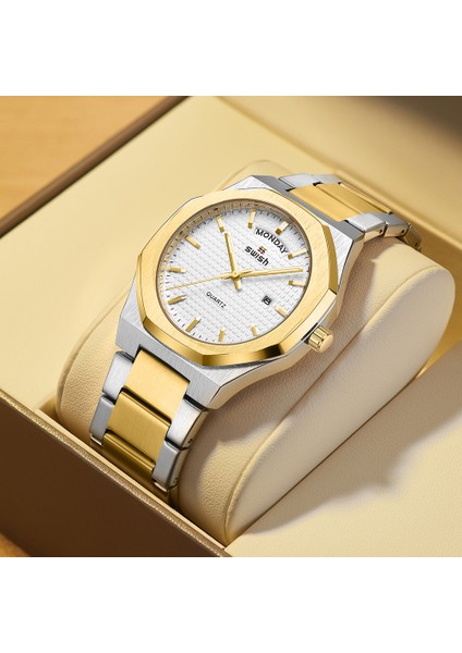 Gümüş Mavi Yeni Sekizgen Tasarım Kuvars Saatı Erkekler Altın Paslanmaz Çelik Elbise Saat Tarih/hafta Fonksiyonları Lüks Dalgıç Saati Adam (Yurt Dışından) fırsatları