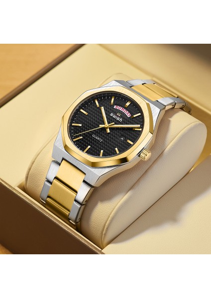 Gümüş Mavi Yeni Sekizgen Tasarım Kuvars Saatı Erkekler Altın Paslanmaz Çelik Elbise Saat Tarih/hafta Fonksiyonları Lüks Dalgıç Saati Adam (Yurt Dışından) indirimleri