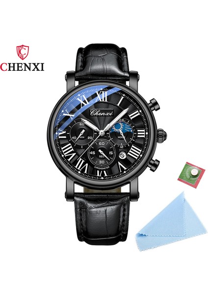 Siyah Yeni Chenxı Saatler Erkekler Üst Marka Lüks Deri Kayış Tarih Kuvars Saat Erkek Su Geçirmez Chronograph Erkekler Izle Iş Moda (Yurt Dışından)