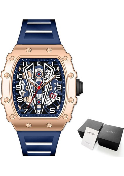 9006-MAVI Gül Kutusu Megır Beyaz Askeri Spor Kuvars Izle Erkekler Için Lüks Su Geçirmez Aydınlık Kol Saati Tonneau Kadranlı Silikon Kayış Otomatik Tarih (Yurt Dışından)