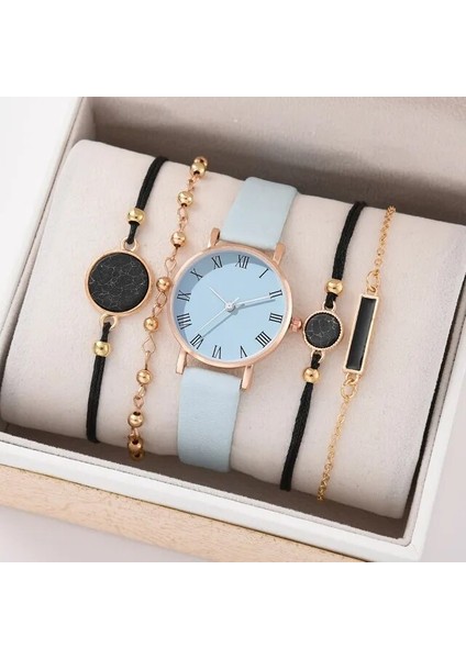 5 Adet Set Mavi Saat Seti Kadınlar Için Lüks Deri Analog Bayanlar Kuvars Kol Saati Moda Bilezik Izle Kadın Saat Relogio Feminino (Yurt Dışından)