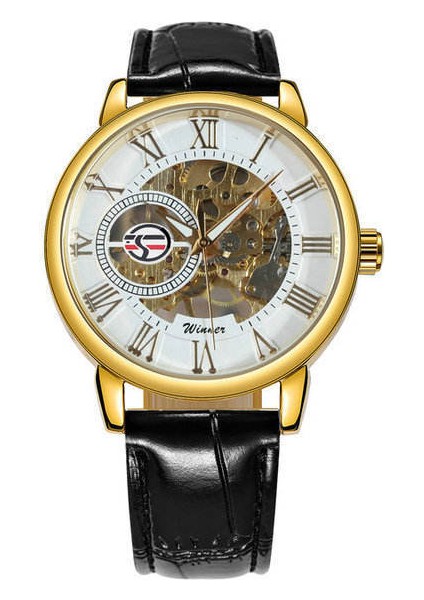 Altın Beyaz Forsining 3D Logo Tasarımı Hollow Gravür Altın Kasa Deri Kayış Mekanik Saatler Erkekler Lüks Klasik Heren Horloge (Yurt Dışından)