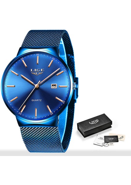 Mavi Gül Altın 2023 Erkek Moda Iş Takvimi Saatler Erkekler Lüks Mavi Paslanmaz Çelik Hasır Kemer Analog Kuvars Izle Relogio Masculino (Yurt Dışından)