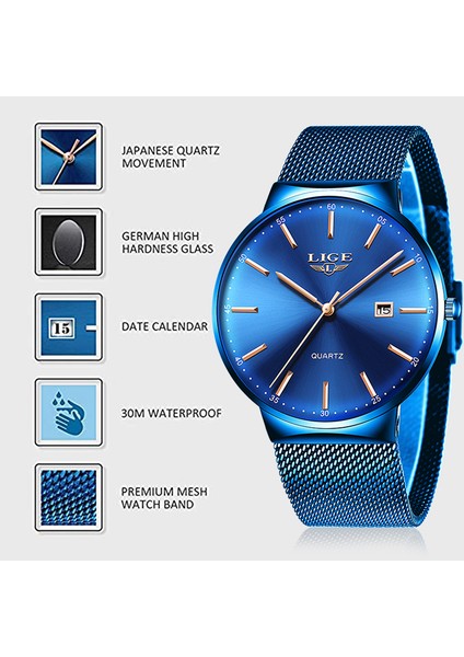 Mavi Gül Altın 2023 Erkek Moda Iş Takvimi Saatler Erkekler Lüks Mavi Paslanmaz Çelik Hasır Kemer Analog Kuvars Izle Relogio Masculino (Yurt Dışından)