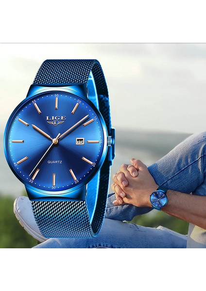 Mavi Gül Altın 2023 Erkek Moda Iş Takvimi Saatler Erkekler Lüks Mavi Paslanmaz Çelik Hasır Kemer Analog Kuvars Izle Relogio Masculino (Yurt Dışından)