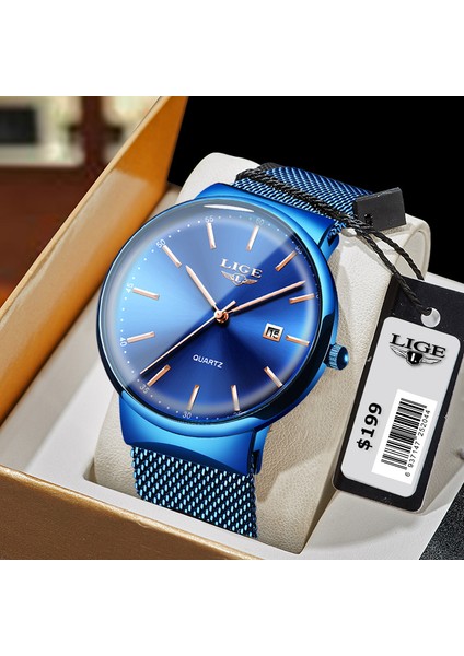 Mavi Gül Altın 2023 Erkek Moda Iş Takvimi Saatler Erkekler Lüks Mavi Paslanmaz Çelik Hasır Kemer Analog Kuvars Izle Relogio Masculino (Yurt Dışından)
