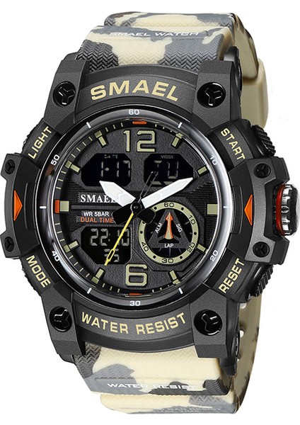 Camo Khaik Smael Spor Dijital Saatler Erkekler Için Ordu Kamuflaj Yüzme Kol Saati Çalar Saat Takvim LED Arka Işık Çift Zamanlı Izle 8007 (Yurt Dışından)