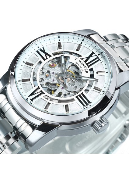 Gümüş-Beyaz Kazanan Lüks Marka Tasarım Erkek Saatler Gümüş Altın Saat Otomatik Mekanik Erkek Izle Moda Rahat Bilek Saatleri (Yurt Dışından)