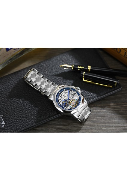 Siyah Forsınıng Tourbillion Mekanik Otomatik Erkek Izle Üst Marka Kol Saati Su Geçirmez Iş Paslanmaz Çelik Saat Reloj Hombre (Yurt Dışından) modelleri