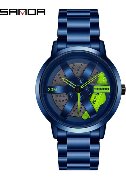 Mavi Yeşil Erkek Saati Moda Yüksek Kaliteli 3D Baskı Araba Tekerlek Göbeği 360 Dönen Özel Tasarım Spor Saat Su Geçirmez Kuvars Kol Saati (Yurt Dışından)