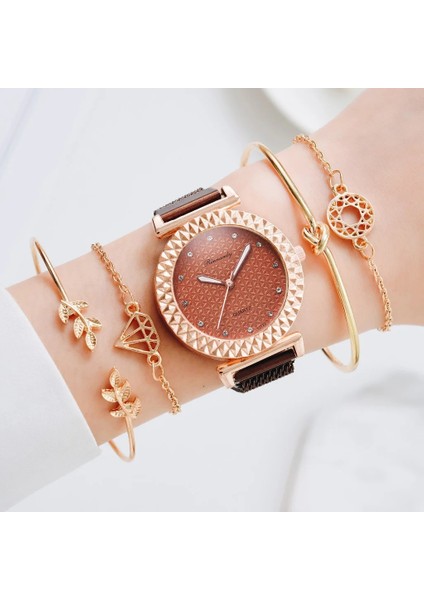 5 Adet Set Gül Altın Lüks 5 Adet Set Bilezik Izle Kadın Zarif Mıknatıs Elmas Bayanlar Kuvars Kol Saati Elbise Pembe Saat Reloj Mujer Dropshipping (Yurt Dışından) indirimleri