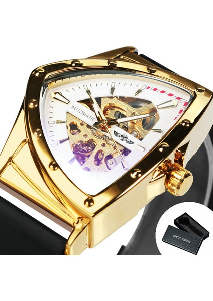 Kutu Altın Beyaz Kazanan Askeri Üçgen Otomatik Izle Erkekler Için Mekanik Saatler Aydınlık Moda Lüks Kauçuk Kayış Spor Saat (Yurt Dışından)