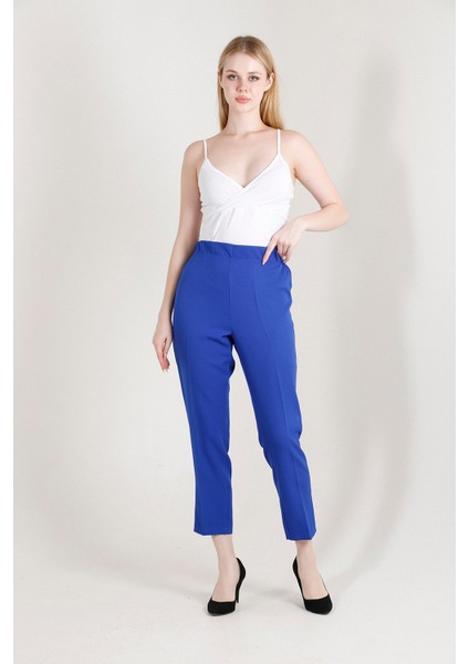 1005 Saks Mavisi Havuç Paça Beli Lastikli Dokuma Kadın Pantolon