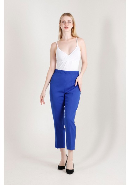 1005 Saks Mavisi Havuç Paça Beli Lastikli Dokuma Kadın Pantolon fırsatları