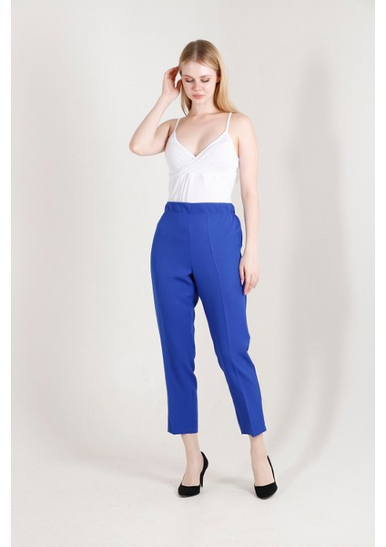 1005 Saks Mavisi Havuç Paça Beli Lastikli Dokuma Kadın Pantolon indirimleri