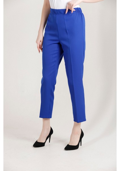 1005 Saks Mavisi Havuç Paça Beli Lastikli Dokuma Kadın Pantolon