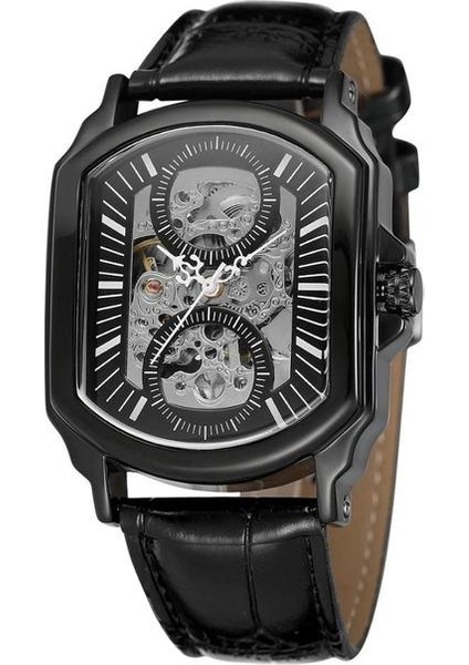 Siyah Siyah Erkek Saatler Paslanmaz Çelik Otomatik Mekanik Askeri Saatler Steampunk Kare Saat Erkek Relogio Masculino 2010 (Yurt Dışından)