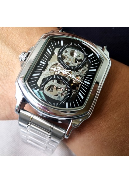 Siyah Siyah Erkek Saatler Paslanmaz Çelik Otomatik Mekanik Askeri Saatler Steampunk Kare Saat Erkek Relogio Masculino 2010 (Yurt Dışından) fiyatları