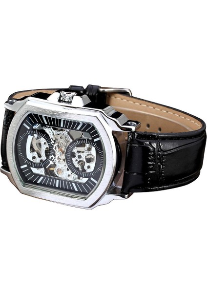 Siyah Siyah Erkek Saatler Paslanmaz Çelik Otomatik Mekanik Askeri Saatler Steampunk Kare Saat Erkek Relogio Masculino 2010 (Yurt Dışından) indirimleri