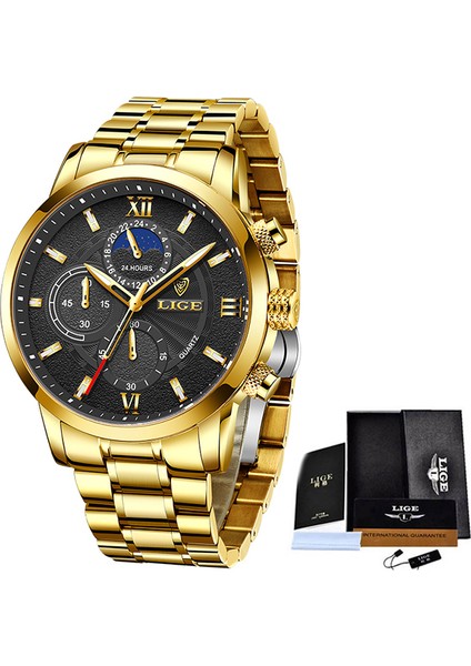 Altın Siyah S Lıge Kronograf Izle Erkekler Için Moda Paslanmaz Çelik Saatler Üst Marka Lüks Su Geçirmez Kuvars Kol Saati Ay Fazı Saatleri (Yurt Dışından)
