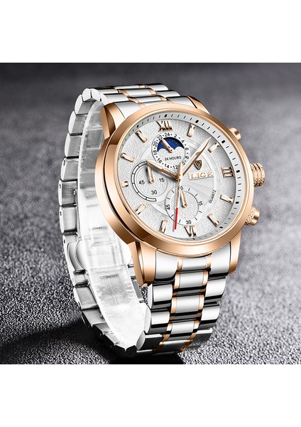 Altın Siyah S Lıge Kronograf Izle Erkekler Için Moda Paslanmaz Çelik Saatler Üst Marka Lüks Su Geçirmez Kuvars Kol Saati Ay Fazı Saatleri (Yurt Dışından) fiyatları