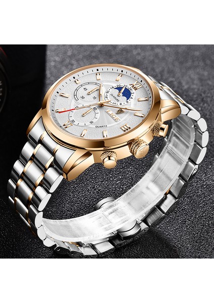 Altın Siyah S Lıge Kronograf Izle Erkekler Için Moda Paslanmaz Çelik Saatler Üst Marka Lüks Su Geçirmez Kuvars Kol Saati Ay Fazı Saatleri (Yurt Dışından) indirimleri