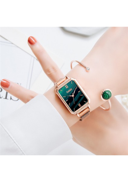 C Set Lüks Kadın Kare Kuvars Izle Yeşil Kadran Bilezik Saatler Kadınlar Için Moda Paslanmaz Çelik Kuvars Saat Bayanlar Kol Saati (Yurt Dışından) indirimleri