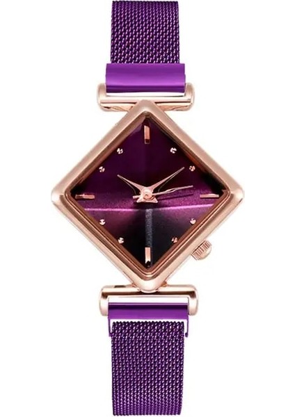 Mor Lüks Bilezik Saatler Kadınlar Için Basit Mor Manyetik Kare Kadranlı Kemer Elbise Kuvars Saat Bayanlar Kol Saati Relogio (Yurt Dışından)