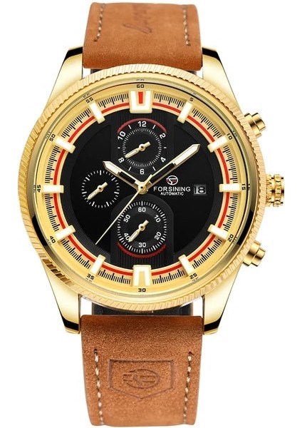 Altın Siyah Forsınıng Erkekler Otomatik Mekanik Saatı Deri Kayış Spor Izle 3 Alt Kadran Üst Marka Lüks Erkek Saat Reloj (Yurt Dışından)