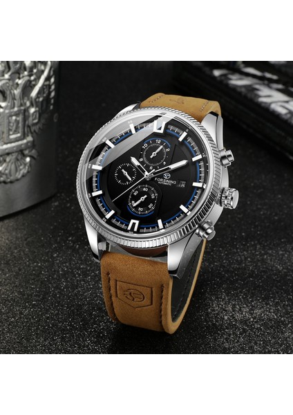 Altın Siyah Forsınıng Erkekler Otomatik Mekanik Saatı Deri Kayış Spor Izle 3 Alt Kadran Üst Marka Lüks Erkek Saat Reloj (Yurt Dışından)
