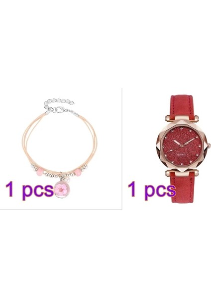 Kırmızı Saat Seti Kadın Kuvars Izle Deri Kayış Lüks Yıldızlı Kadran Kol Saati Moda Sakura Bilezik Kadınlar Için Izle Reloj Mujer Montre (Yurt Dışından)