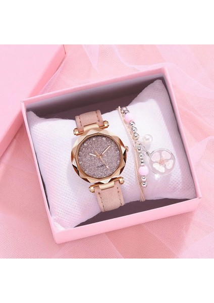 Kırmızı Saat Seti Kadın Kuvars Izle Deri Kayış Lüks Yıldızlı Kadran Kol Saati Moda Sakura Bilezik Kadınlar Için Izle Reloj Mujer Montre (Yurt Dışından) fiyatları