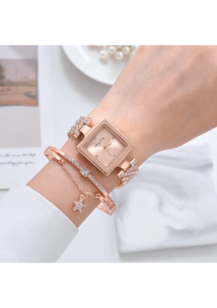 Altın Yeni 2 Adet Set Altın Izle Lüks Kadın Moda Bayanlar Kuvars Elmas Kol Saati Zarif Kadın Bilezik Saatler Reloj Mujer (Yurt Dışından)