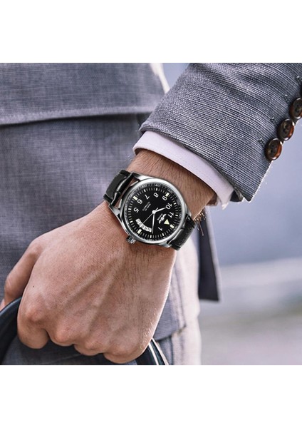Sıyah Askeri Izle Erkekler Minimalist Mekanik Erkek Saatler Top Marka Lüks Deri Kayış Takvim Unisex Kazanan Kol Saati Orologio (Yurt Dışından) fırsatları
