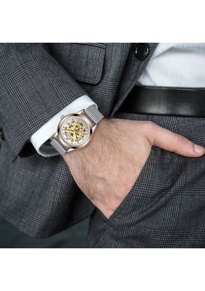 Gül Moda Otomatik Su Geçirmez Mekanik Erkek Kol Saati Erkekler Aydınlık Örgü Bant Mekanik Saatler Adam Saat Relogio Masculino (Yurt Dışından) indirimleri