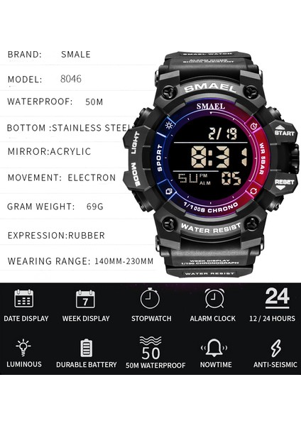 Turuncu Dijital Saatler Spor 50 M Su Geçirmez Izle Smael Askeri Saat Alarmı Aydınlık LED Büyük Arama Erkek Saatler 8046 Erkekler Kol Saati (Yurt Dışından) modelleri