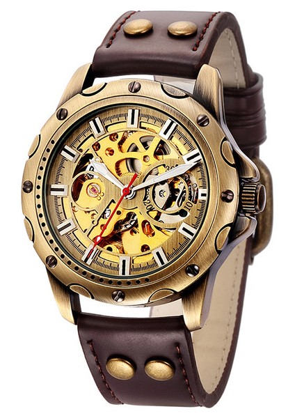 Kahverengi Bant Retro Bronz Mekanik Izle Erkekler Otomatik Saatler Spor Lüks Üst Marka Deri Izle Relogio Masculino Erkek Saat (Yurt Dışından)