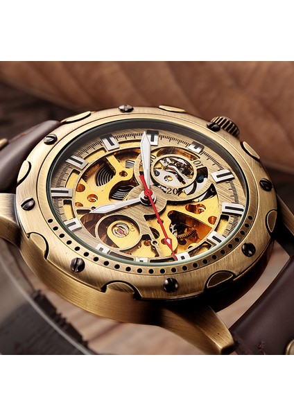 Kahverengi Bant Retro Bronz Mekanik Izle Erkekler Otomatik Saatler Spor Lüks Üst Marka Deri Izle Relogio Masculino Erkek Saat (Yurt Dışından)