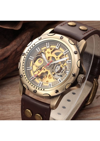 Kahverengi Bant Retro Bronz Mekanik Izle Erkekler Otomatik Saatler Spor Lüks Üst Marka Deri Izle Relogio Masculino Erkek Saat (Yurt Dışından)