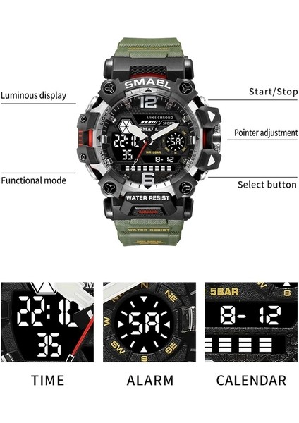 8072 Siyah Beyaz Smael Erkekler Saatler 50 M Su Geçirmez Spor Saat Askeri Adam Spor Saat Dijital 8072 Çift Ekran Izle Kuvars LED Dijital (Yurt Dışından)